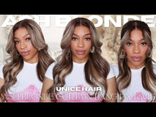 Load and play video in Gallery viewer, Ash Blonde Highlight Curtain Bangs 13x4 Wig 24”